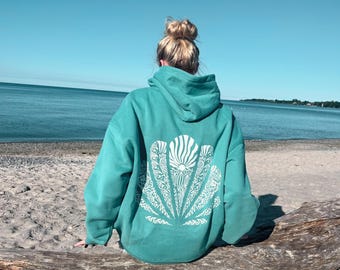 Teal Oversized Hoodie: Hand-drawn Seashell Design Cozy beach sweatshirt for ocean lovers
