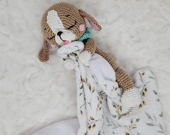 Crocheted swaddle blanket with long-eared dog, ideal for birth gifts, newborn photo shoots, baby room decoration...