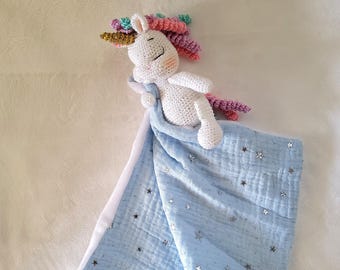 Crocheted unicorn muslin blanket