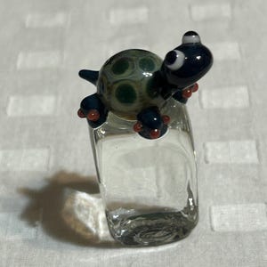 Hand Blown Glass Turtle Paperweight, Teal Spotted Shell Art Sculpture
