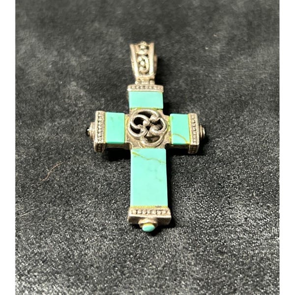 Reversible Sterling Silver Cross Pendant, Turquoise & Onyx