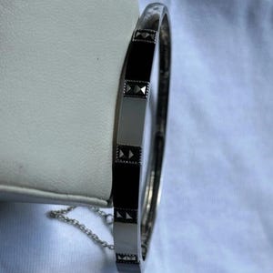 Vintage Sterling Silver 925 Black Onyx MOP Marcasite Bangle Hinged Bracelet 16.5