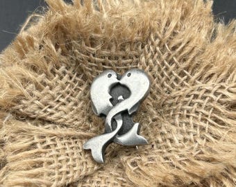 Pewter Lovebirds Brooch, Vintage Bird Pin, Two Doves Jewelry, Heart Couple Accessory