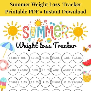 Pode incluir: Um rastreador de perda de peso com tema de verão, com a palavra "SUMMER" em cores do arco-íris. O rastreador inclui círculos para marcar o progresso da perda de peso de 0,23 kg a 4,76 kg, juntamente com ilustrações de verão.