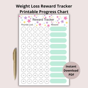 May include: A printable weight loss reward tracker with a pastel color scheme. The chart includes spaces to track pounds lost and rewards, with star accents. A gold pen rests beside the chart. The text reads "Weight Loss Reward Tracker Printable Progress Chart."