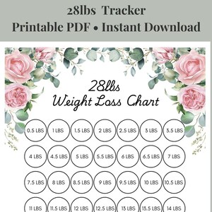 May include: A printable weight loss chart with a floral design. The chart is labeled "28lbs Weight Loss Chart" and includes circles for tracking weight loss in increments from 0.23 kg to 6.35 kg. The top of the chart reads "28lbs Tracker Printable PDF • Instant Download".