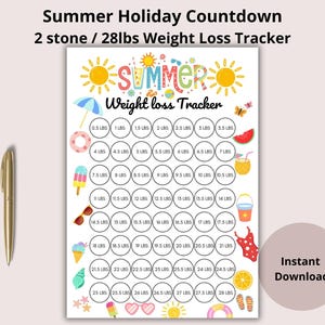 Può includere: Un tracker per la perdita di peso a tema estivo, con illustrazioni di spiaggia e la parola "SUMMER". Il tracker è progettato per un obiettivo di perdita di peso di 12,7 kg, con cerchi per segnare i progressi.