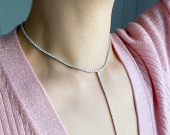 Collier Y Lariat en argent sterling et zircone cubique, chaîne tennis délicate