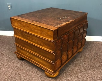 Great 19th Century English Leather Book Motif Top Compartment Trunk Side Table