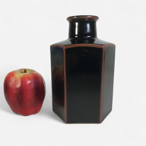 May include: A black, hexagonal vase with brown trim and a glossy finish. A red apple with yellow accents sits to the left of the vase. The vase has a narrow neck and a wide base, and is likely ceramic.