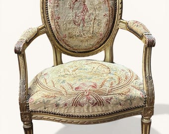 19th Century Louis XVI Style Painted / Gilded French Armchair