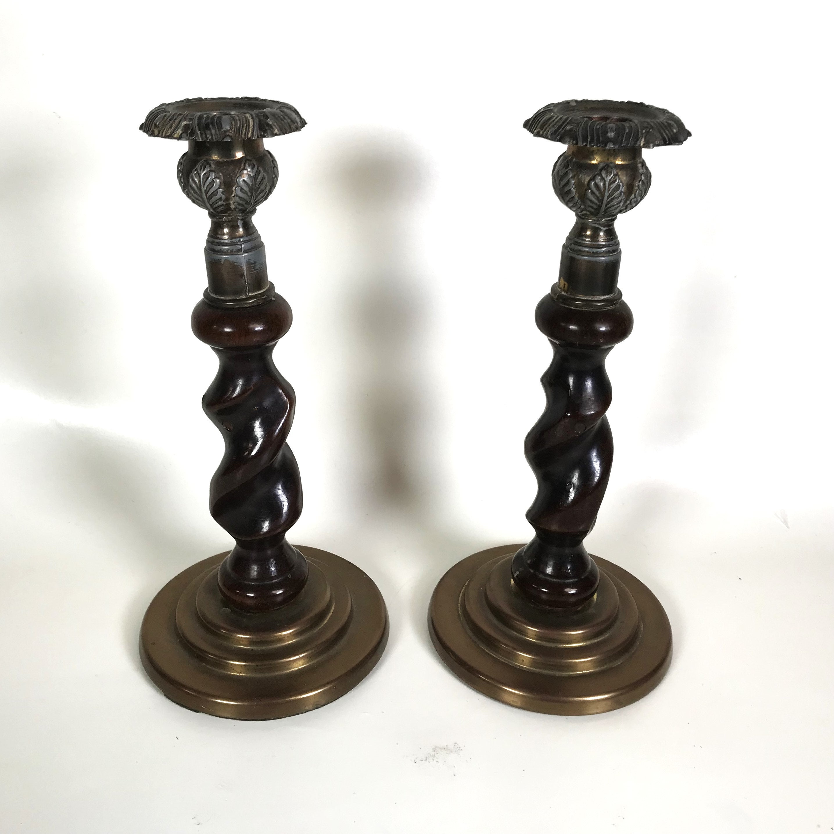 A Pair Of 19th Century Barley Twist Oak & Brass Candlestick – William Cook