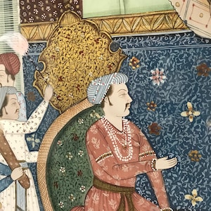 Fine Detail Antique Persian Watercolor on Silk of Court King Scene