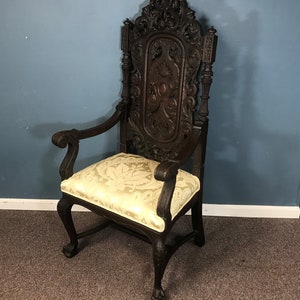 Fine 1800's Victorian Carved Walnut Throne Armchair