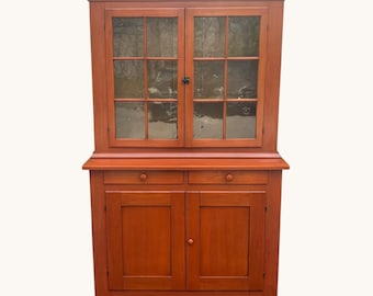 19th Century 2 Part Poplar Red Painted County Cupboard