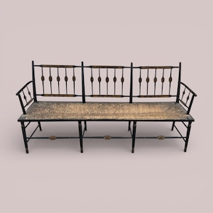 May include: A black bench with a woven seat and backrest. The backrest features vertical rods with decorative oval accents. The bench has armrests and measures approximately 60 inches in length.