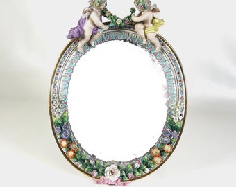 Meissen Style German Porcelain Mirror With Cherubs