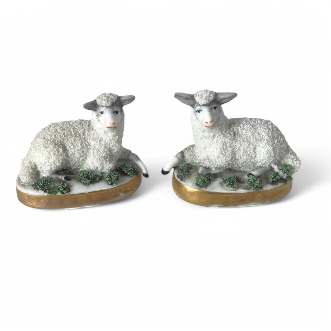 Pair of 18th C. English Chelsea Porcelain Miniature Sheep