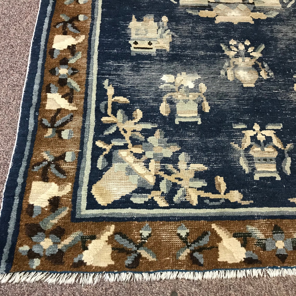 Antique Worn Chinese Blue & White Oriental Rug Carpet 4' Etsy
