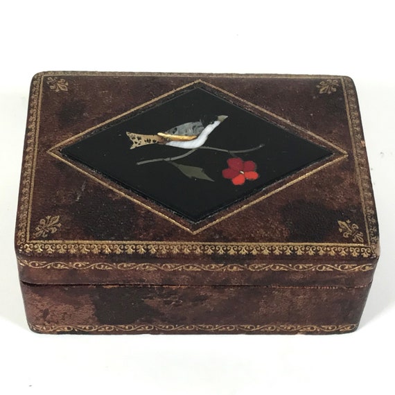 Vintage Italian Leather Wrapped Box Pietra Dura B… - image 1
