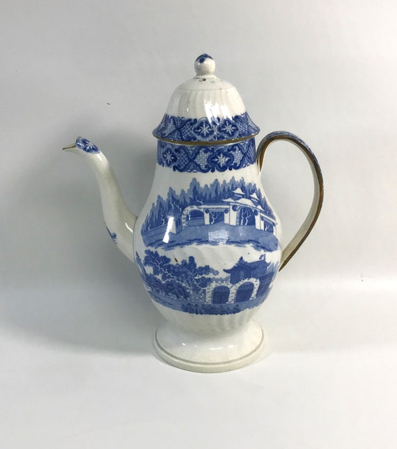 Seltene Englisch Staffordshire Blue Transferware Kaffeekanne, 19.Jh