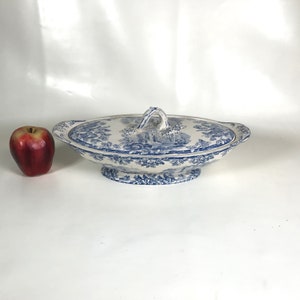 Antike Copland Blaue Transferware Lange Gemüsebedeckte Terrine