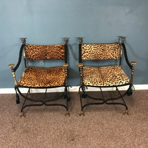 Pair of Early 20th C. Wrought Iron & Brass Savonarola Chair in Hide Upholstery