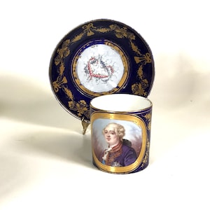 19th C. Sevres Porcelain Teacup and Saucer with Louis XVI Portrait