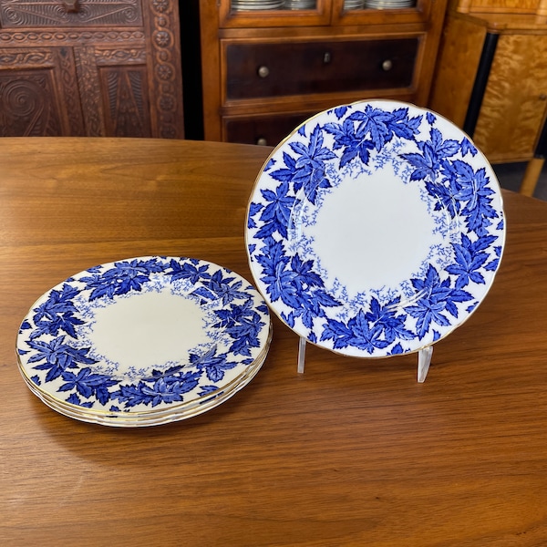 Set of 4 Coalport 4891-A England Blue Leaves on White Dessert Salad Plates