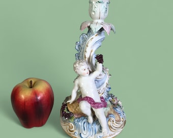 Meissen Porcelain Candlestick Holder Putti Holding Grape