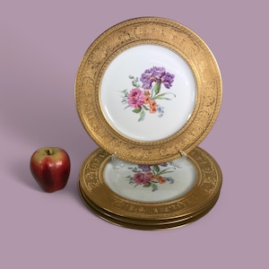 Set of 4 Heinrich & Co. Selb Bavaria 11&quot;Gold-encrusted Dinner Plates