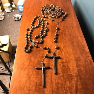2 Vintage Carved Wood Bead 70&quot; Long Rosary