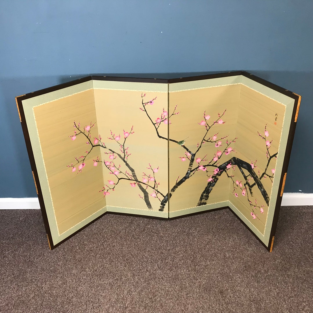 Vintage Japanese Hand Painted Silk 4 Panel Screen Etsy