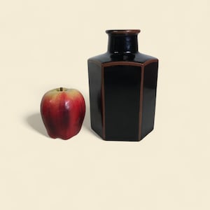 May include: A black, hexagonal vase with brown trim and a red apple. The vase has a glossy finish and a rectangular shape. The apple is red and yellow.