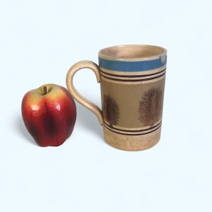 Puede incluir: Una taza de cerámica con asa y cuerpo beige, con un diseño de árbol marrón. El borde superior tiene una franja azul, y la taza está acompañada de una manzana roja. La taza mide aproximadamente 10 cm de alto.