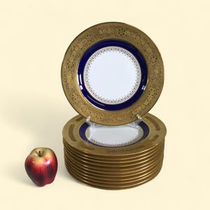 Set van 12 Copeland-dinerborden met kobalt- en goudkleurige inslag