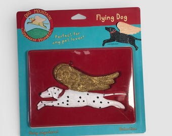 Ca. 1980s Stephen Huneck Hand Carved Dog Ornament in Original Package
