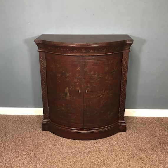 Ethan Allen Chinoiserie Red Lacquered Demi Lune Commode Cabinet