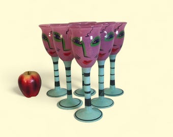 7 Kosta Boda Glass Pyramid Pattern Wine or Water Glasses Vintage