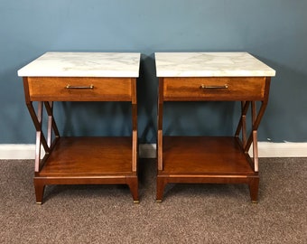 Pair of Johnson Furniture Marble top One Drawer Nightstand