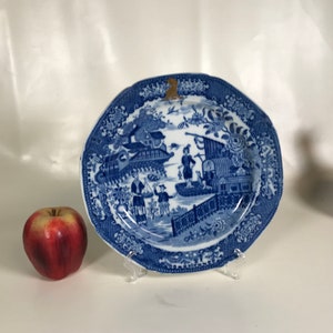 1820s Staffordshire Blue Transferware Plate with Chinese Motif Decoration