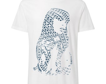 May include: White t-shirt featuring a blue graphic print of a woman's face with a geometric pattern.