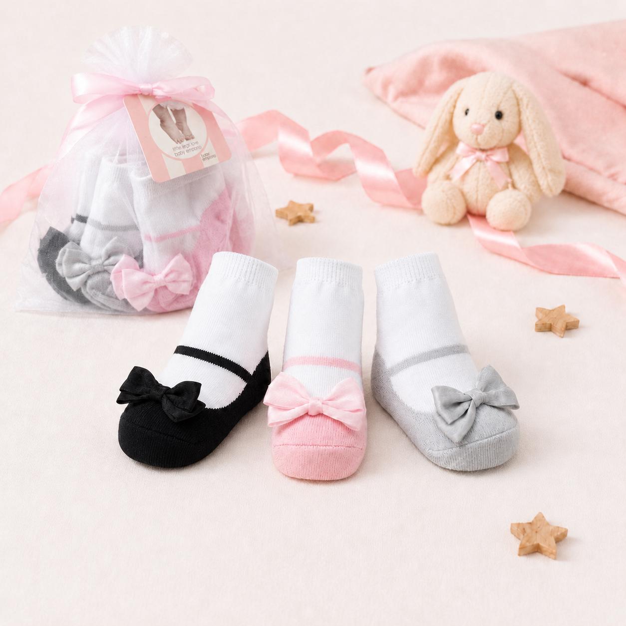 Baby Girl Shoe Socks - Anti-Slip Cotton Blend, 0-12 Months (3 Pairs)