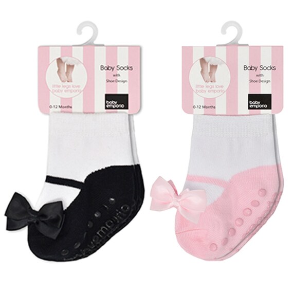 Baby Girl Socks That Look Like Shoes 0-12 Months anti Slip-soft Cotton-2  Pairs Baby Shower Gift Black & Pink Festive 