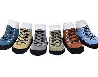 Baby Socks with shoe-design- 0-12 Months - Anti-slip-Soft Cotton-6 Pairs-Gift Pouch - HIKER BOOTS