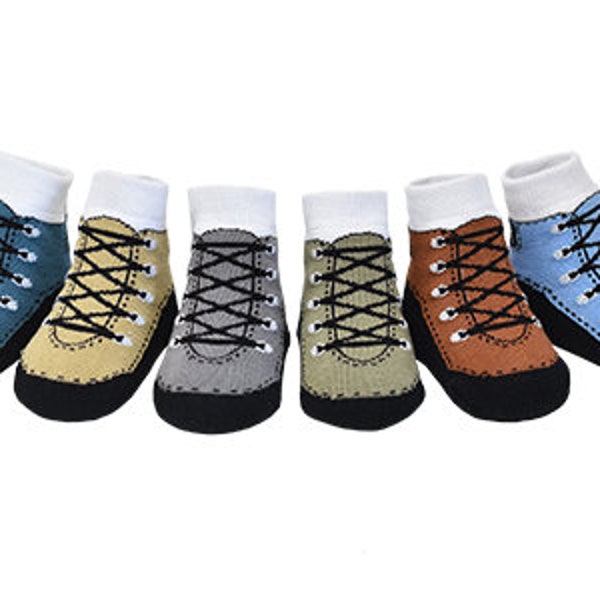 Baby Socks with shoe-design- 0-12 Months - Anti-slip-Soft Cotton-6 Pairs-Gift Pouch - HIKER BOOTS