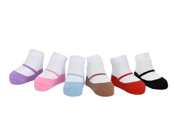 Baby & Toddler  Girl Socks that look like shoes- 0-12 Months - Anti slip-Soft Cotton-6 Pairs  - Gift Pouch - MARY JANE CLASSICS