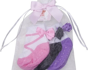 Ballerina Slipper-look Socks - 0-12 Months -Anti slip-Soft Cotton - Baby Shower Gift - 3 Pairs in Organza Gift Pouch