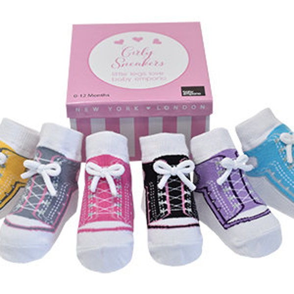 Baby Girl Socks that look like shoes- 0-12 Months -Anti slip-Soft Cotton-6 Pairs - Baby Shower Gift - Gift Box-GIRL SNEAKERS