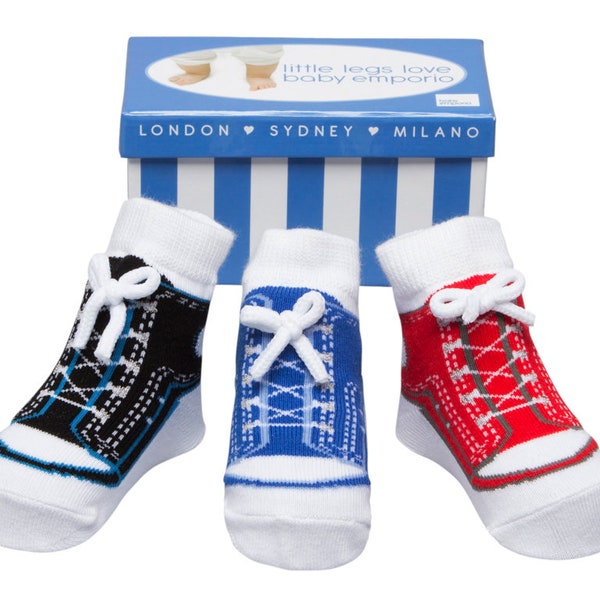 Baby Boy Socks that look like shoes- 0-12 Months - Anti slip-Cotton-3 Pairs - Baby Shower Gift - Gift Box - Faux Shoe Laces - BOY SNEAKERS